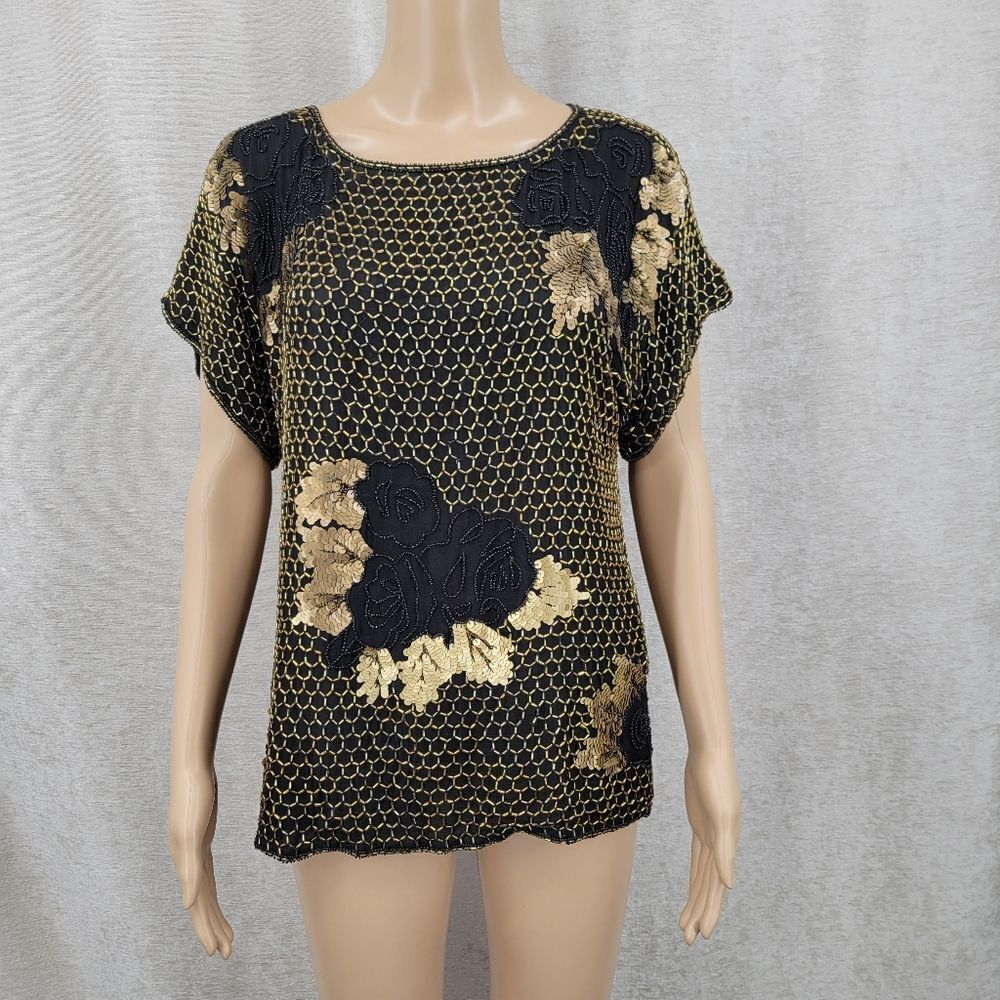 Vintage Silk Elegant Black and Gold Beaded Sequin Roses Women's Top Blouse